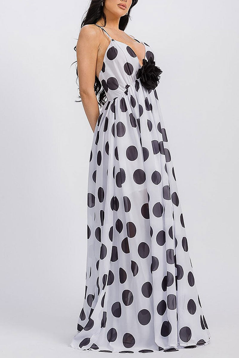 Polka Dot Black Flower Detailed Maxi Dress