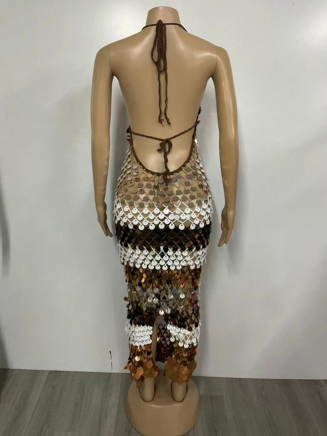 A Touch of Elegance Sequin Halter Dress- Brown/Multi