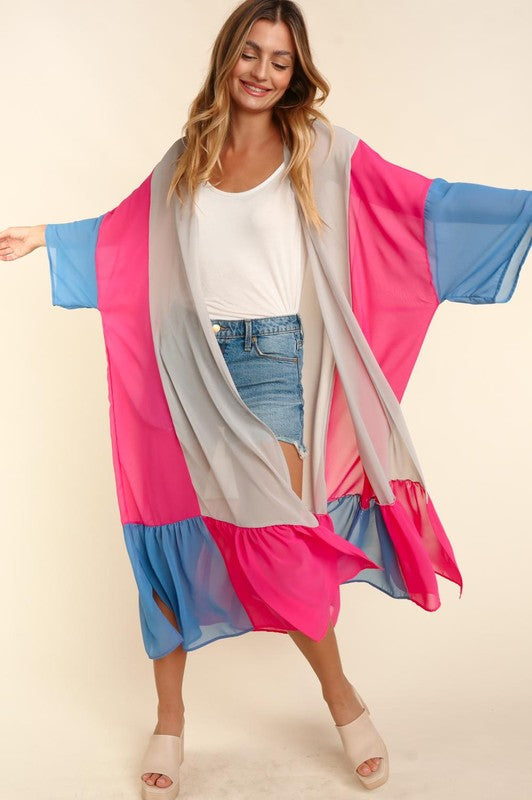 PLUS SIZE COLOR BLOCK KIMONO MAXI OPEN CARDIGAN