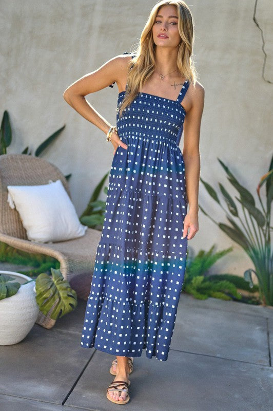 Shoulder Tied Smocked Ruffle Square Dot Printed Sundress