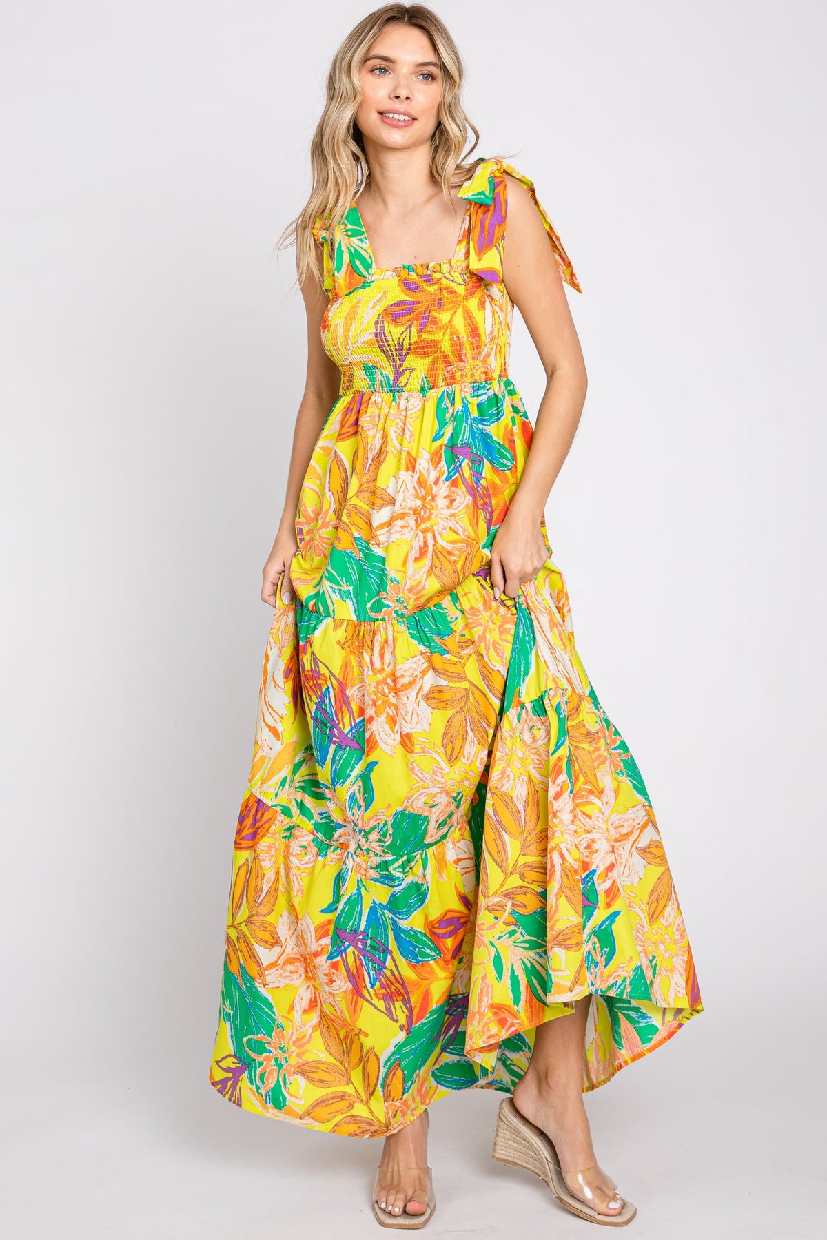 Vestido Longo Floral com Franzido e Babados