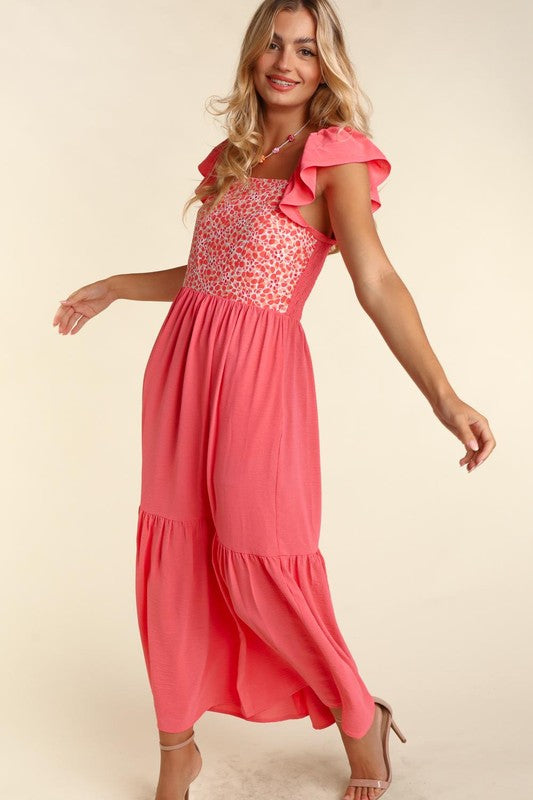 EMBROIDERY DOT WOVEN MAXI DRESS WITH SIDE POCKETS