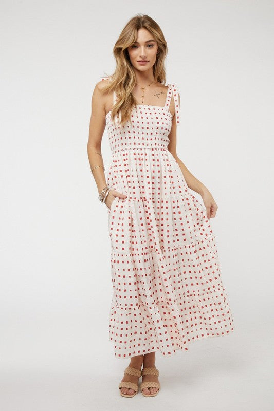 Shoulder Tied Smocked Ruffle Square Dot Printed Sundress