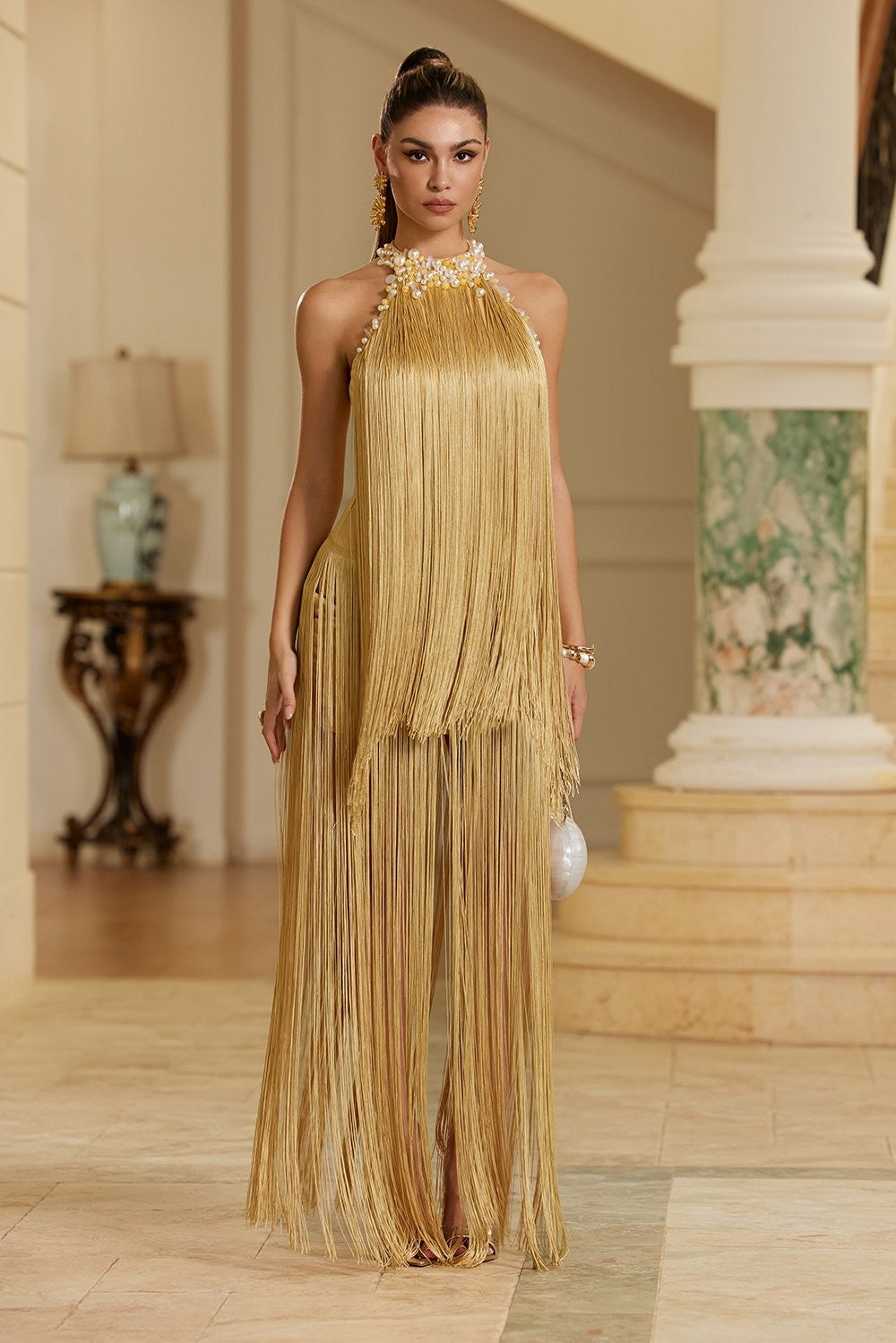 Beaded Halter Fringe Maxi Dress- Yellow