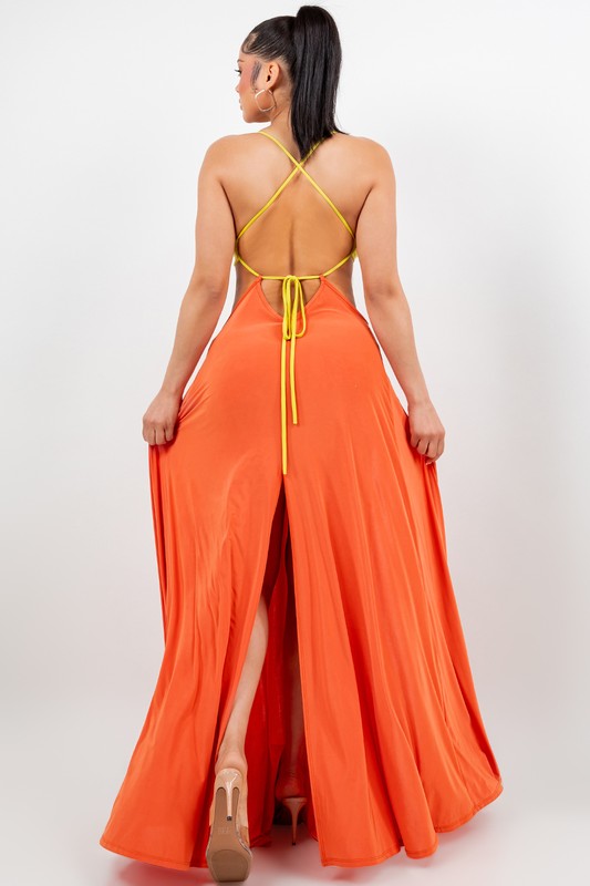 Ringed Open Back Slit Up Maxi Dress/Coverup Dress