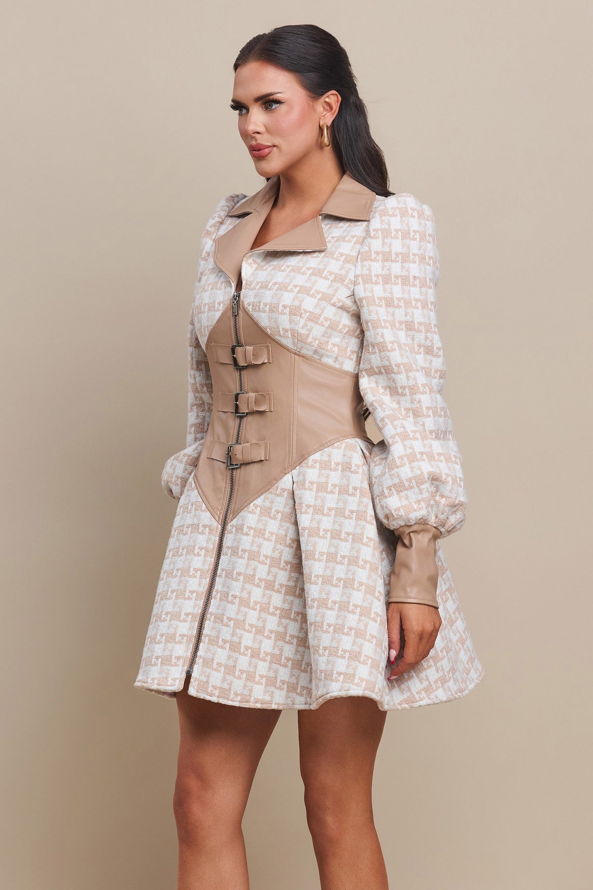 Leather on Tweed Flare Mini Flare Dress Jacket- Taupe