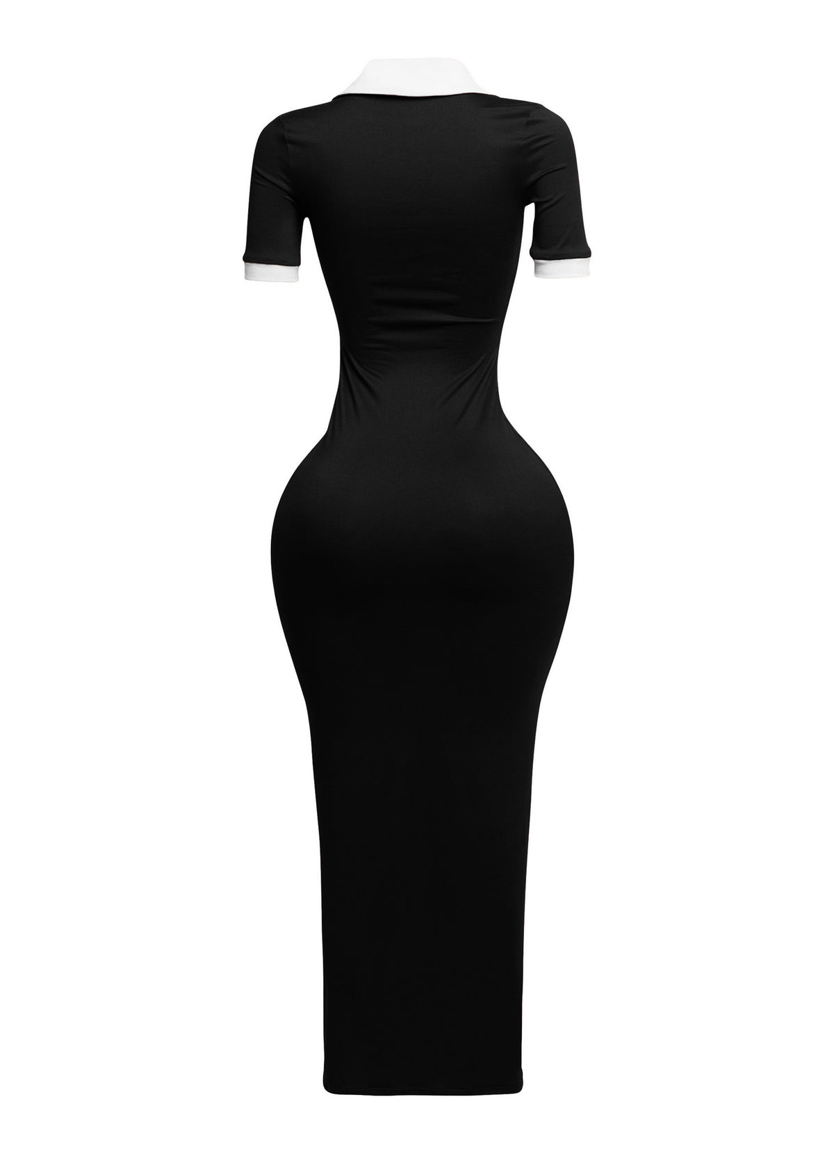 Collar Neck Short Sleeve Contrast Maxi Dress- Black