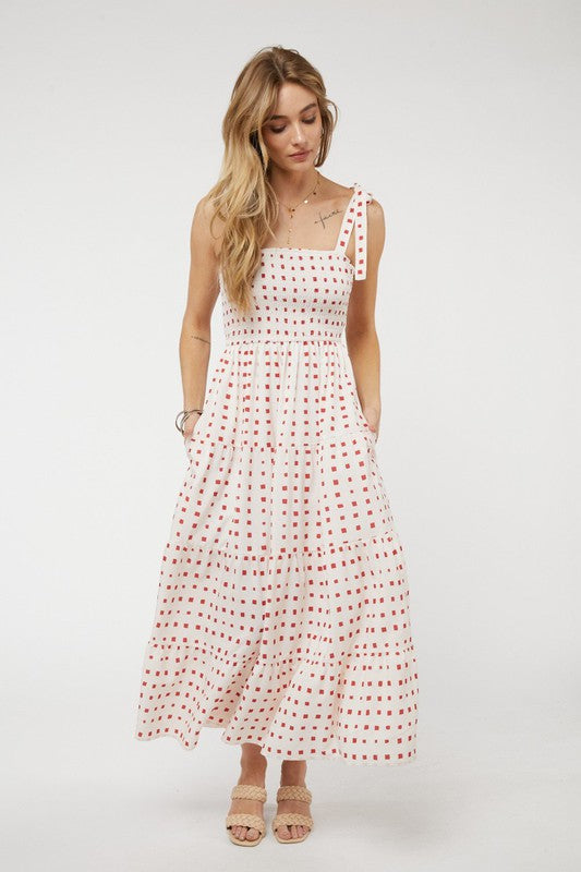 Shoulder Tied Smocked Ruffle Square Dot Printed Sundress
