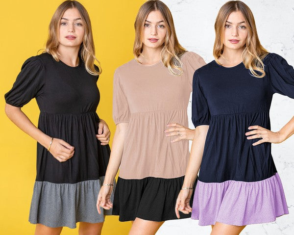 Two Tone Tiered Mini Dress-3 Colors