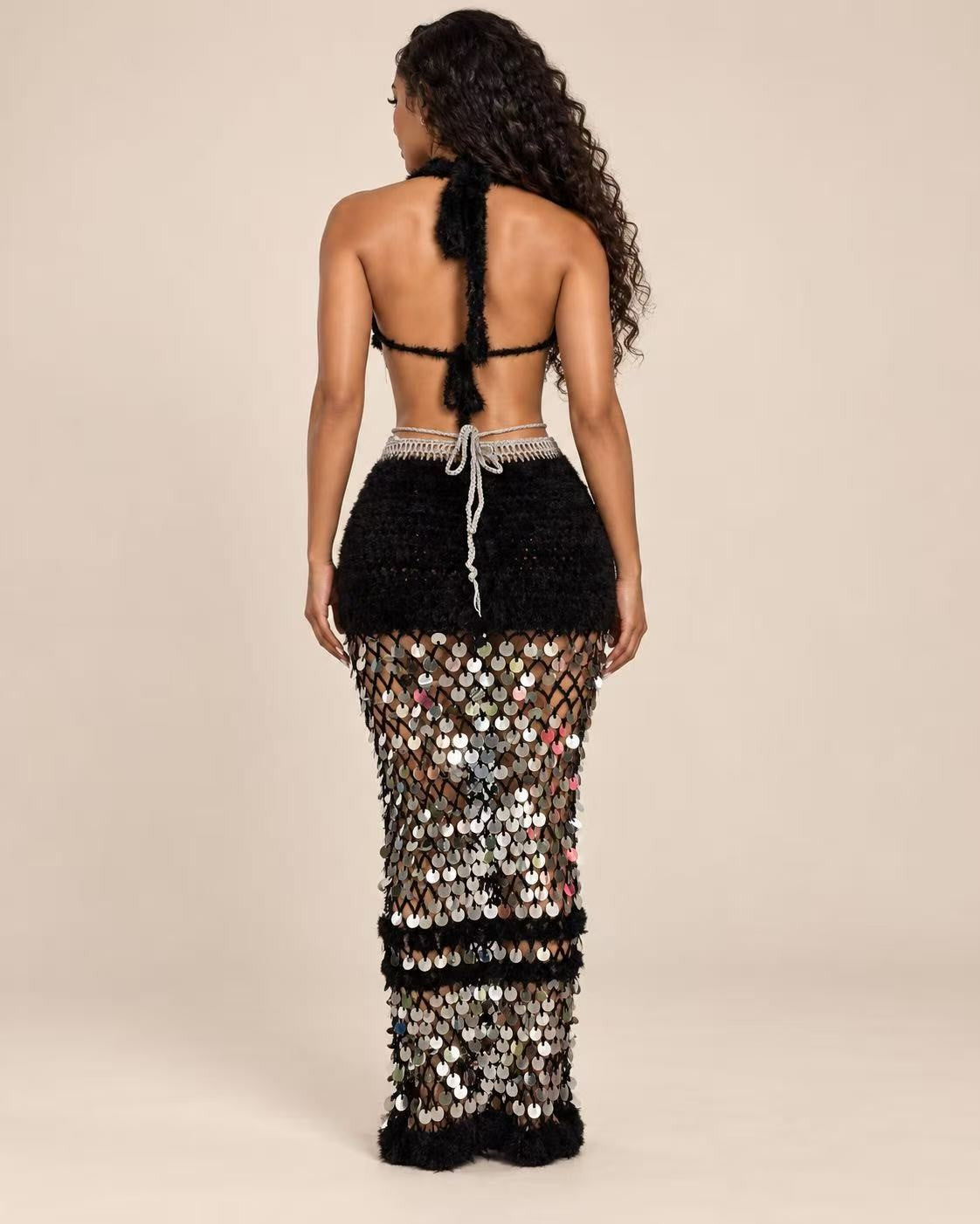 Plush Flur & Sequin Skirt Set- Black