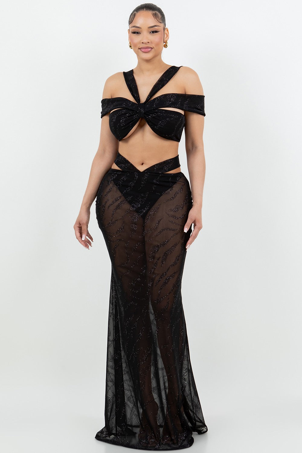 Mesh Glitter Resort Wear Beach Summer Black Skirt Set