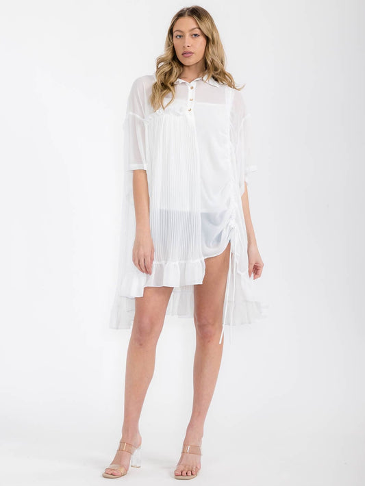 Women's Short Sleeve Button Up Pleated Side Ruched Tunic Top- White