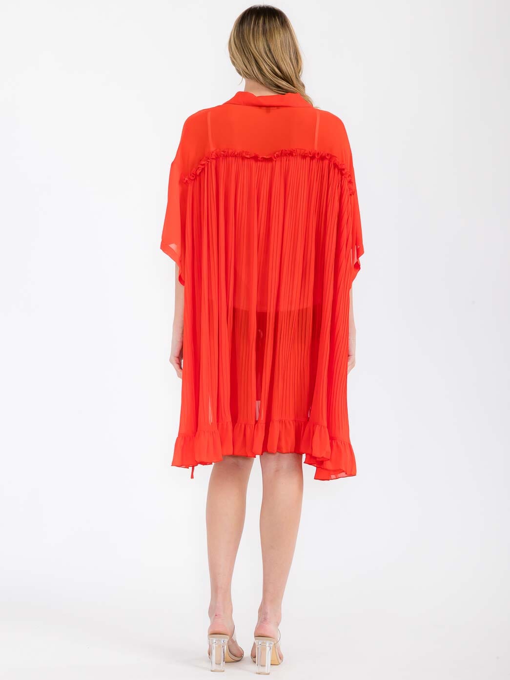 Women's Short Sleeve Button Up Pleated Side Ruched Tunic Top- Red