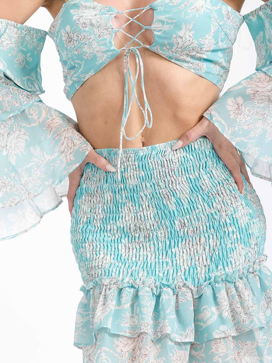 Women's Ruffle Sleeves Crop Top & Smock Mini Skirt Set- Aqua