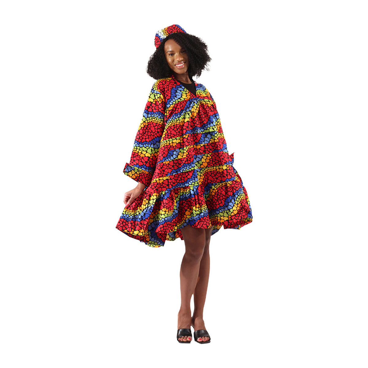 Vestido Estampado Africano Plissado com Babados