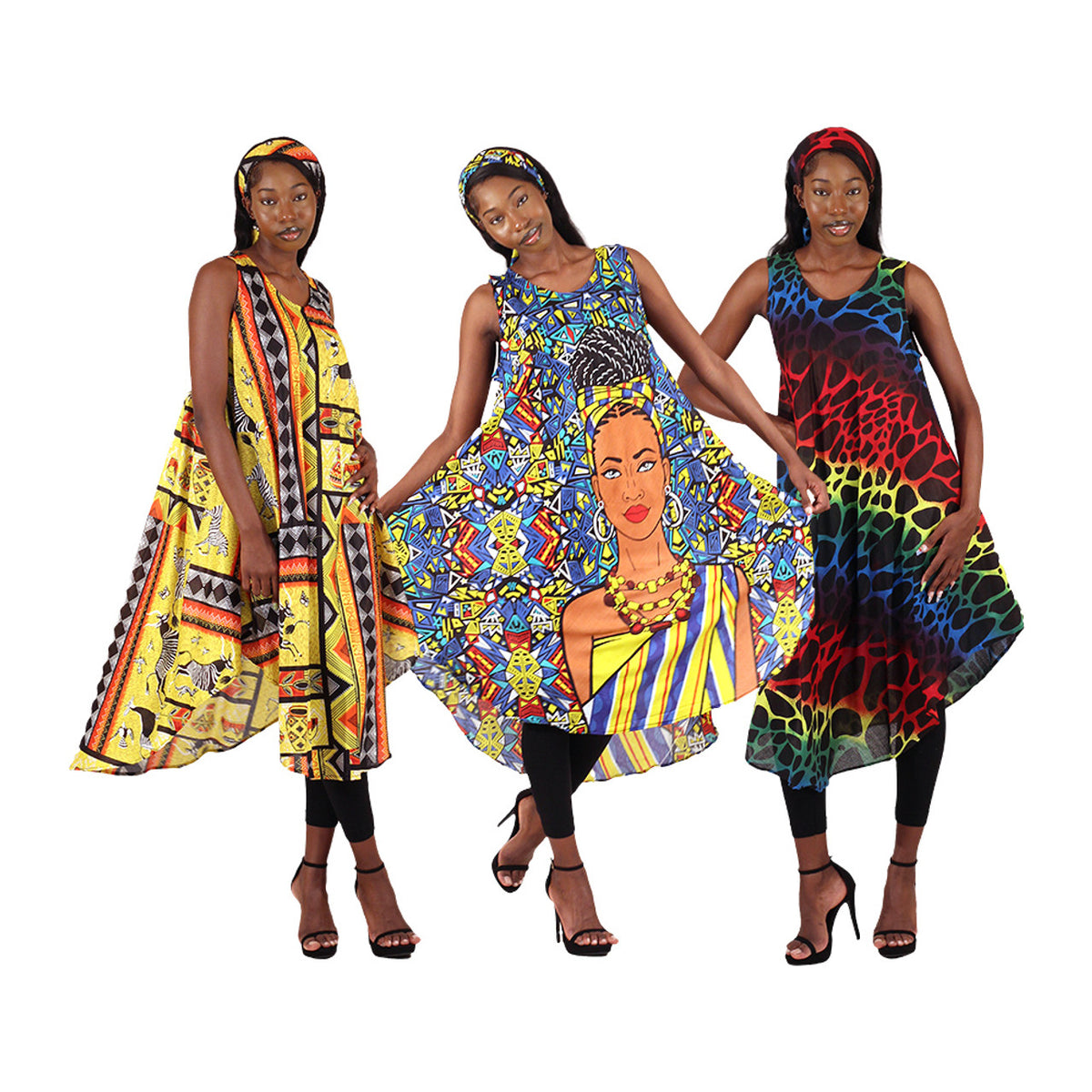 African Tribal Print Umbrella Dress Set of 3