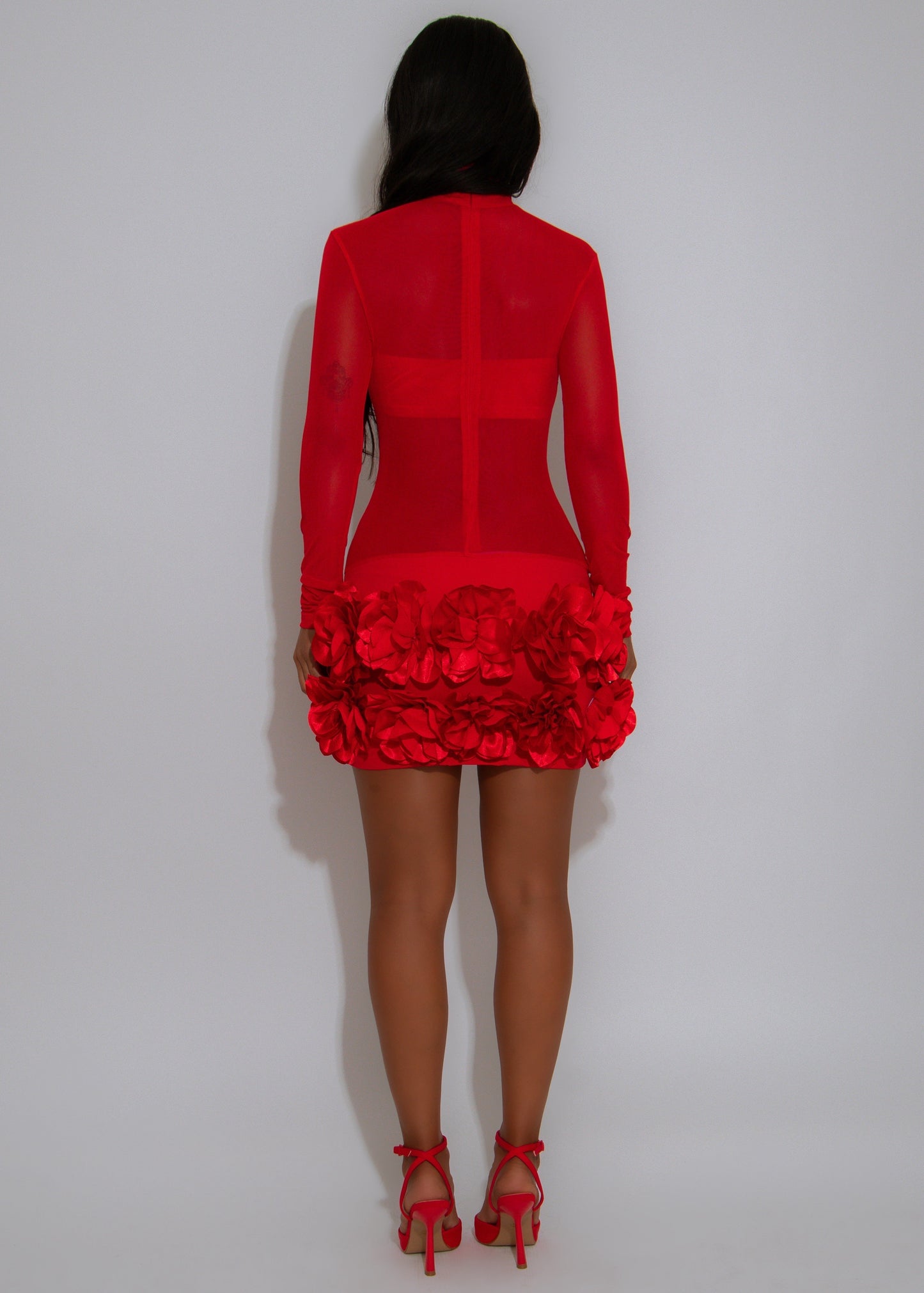 Daring 3D Flower Rose Pop Mesh Mini Dress- Red