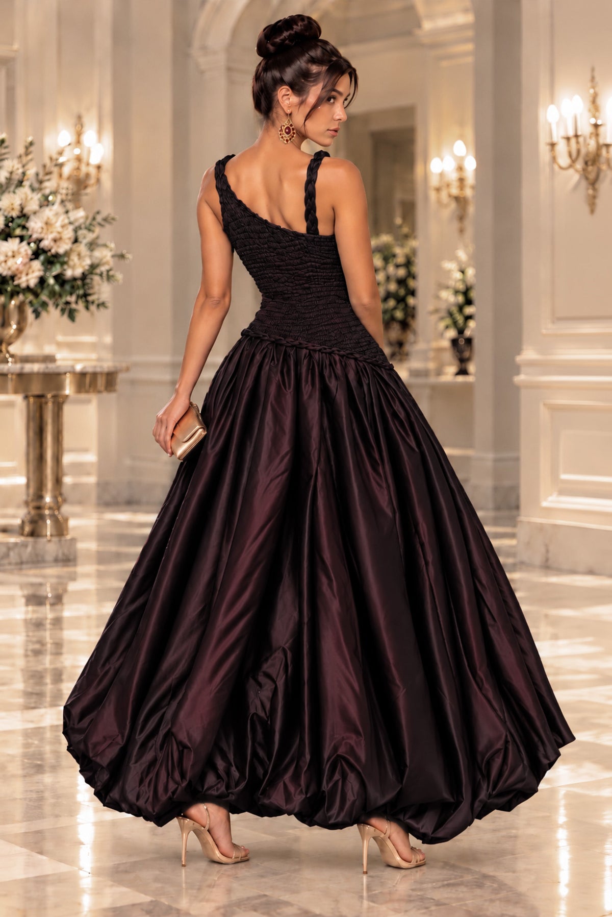 Satin Ruched Asymmetric Strap Bubble Hem Midi Dress- Wine