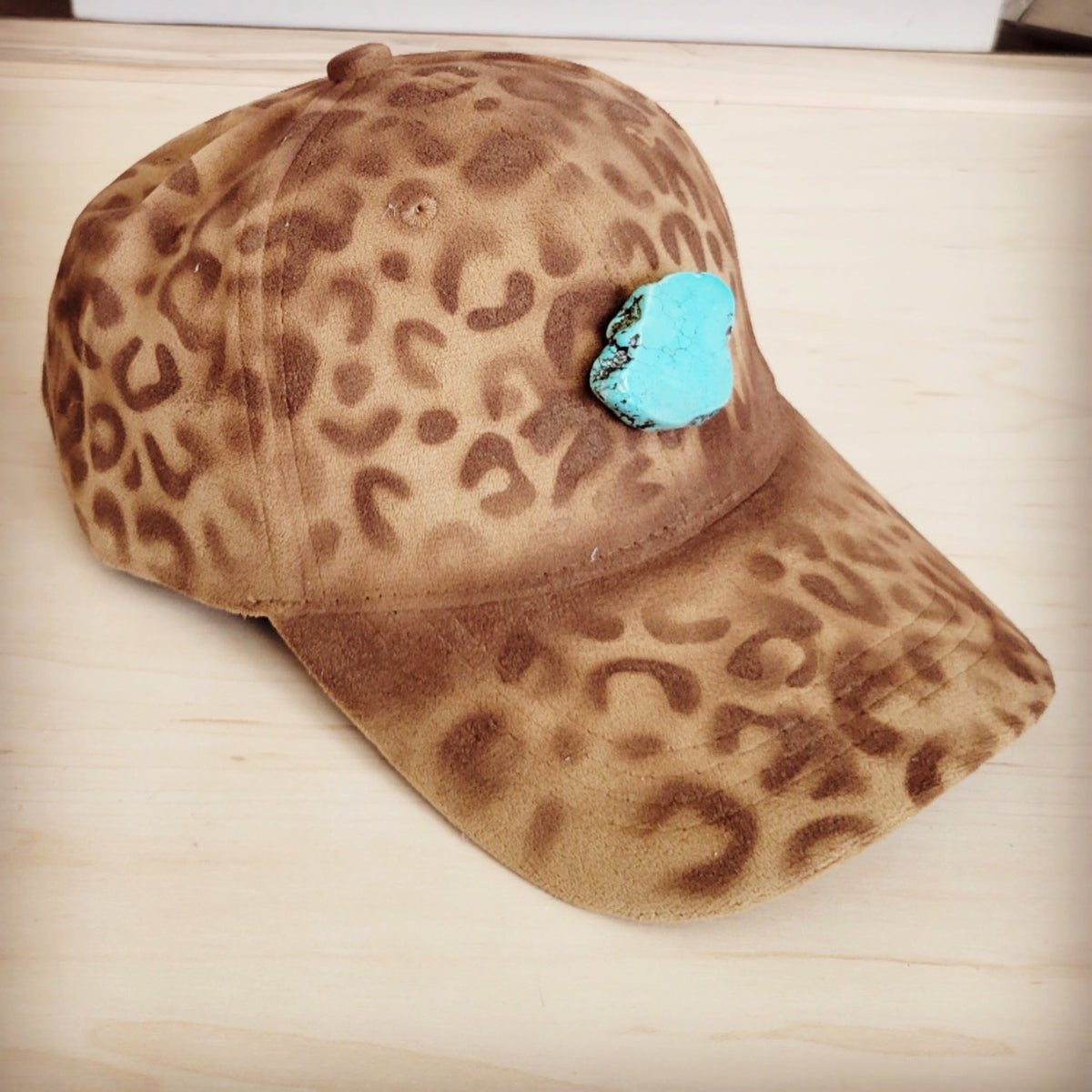 **Hand-Painted Leopard Suede Baseball Cap Tan w/ Turq 986u