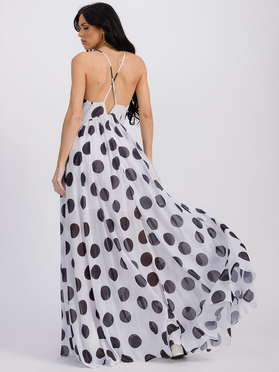 Polka Dot Black Flower Detailed Maxi Dress