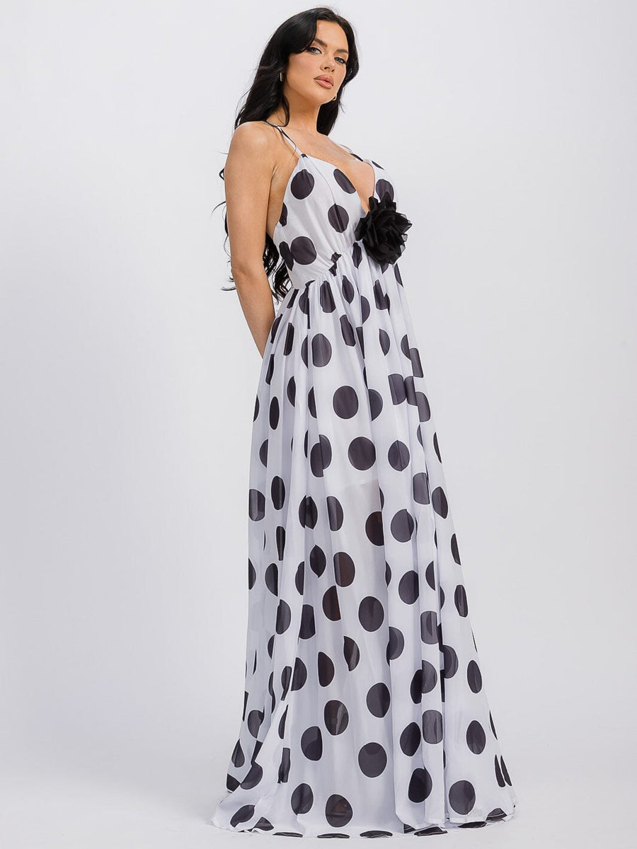 Polka Dot Black Flower Detailed Maxi Dress