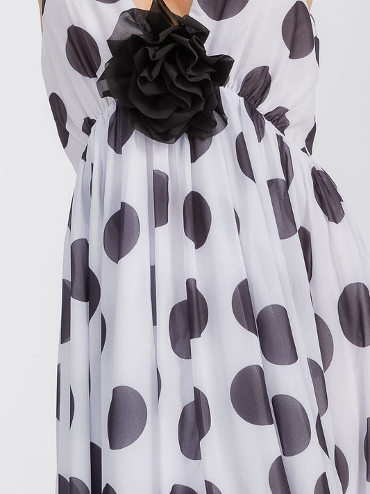 Polka Dot Black Flower Detailed Maxi Dress