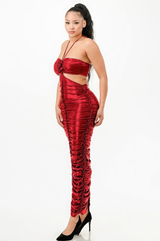 Red Metallic Ruched 3D Flower Halter Dress