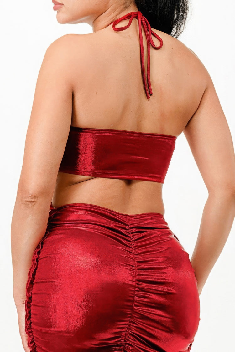 Vestido Halter Drapeado Metalizado com Flor 3D