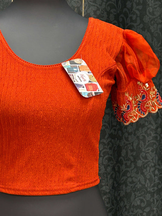1701 - Stretchable Orange Crop Blouse With Puff Sleeves For Saree And Lehenga