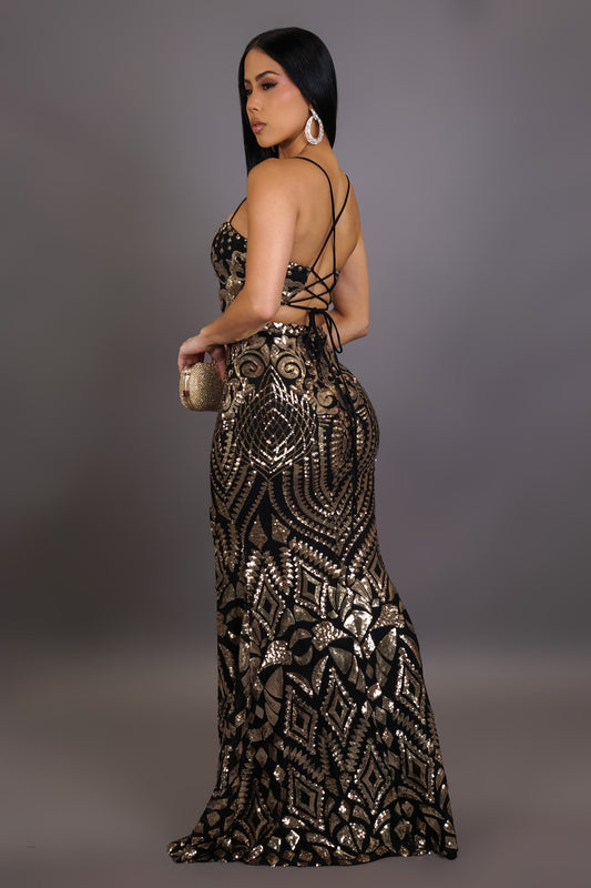 Mosaic Gold Side Slit Maxi Dress