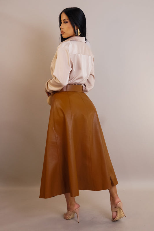 Belted Leather Midi Skirt- Brown