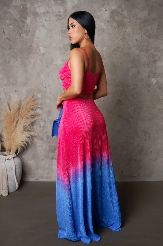 Pink & Blue Gradient Slit Maxi Skirt & Cropped Top Set