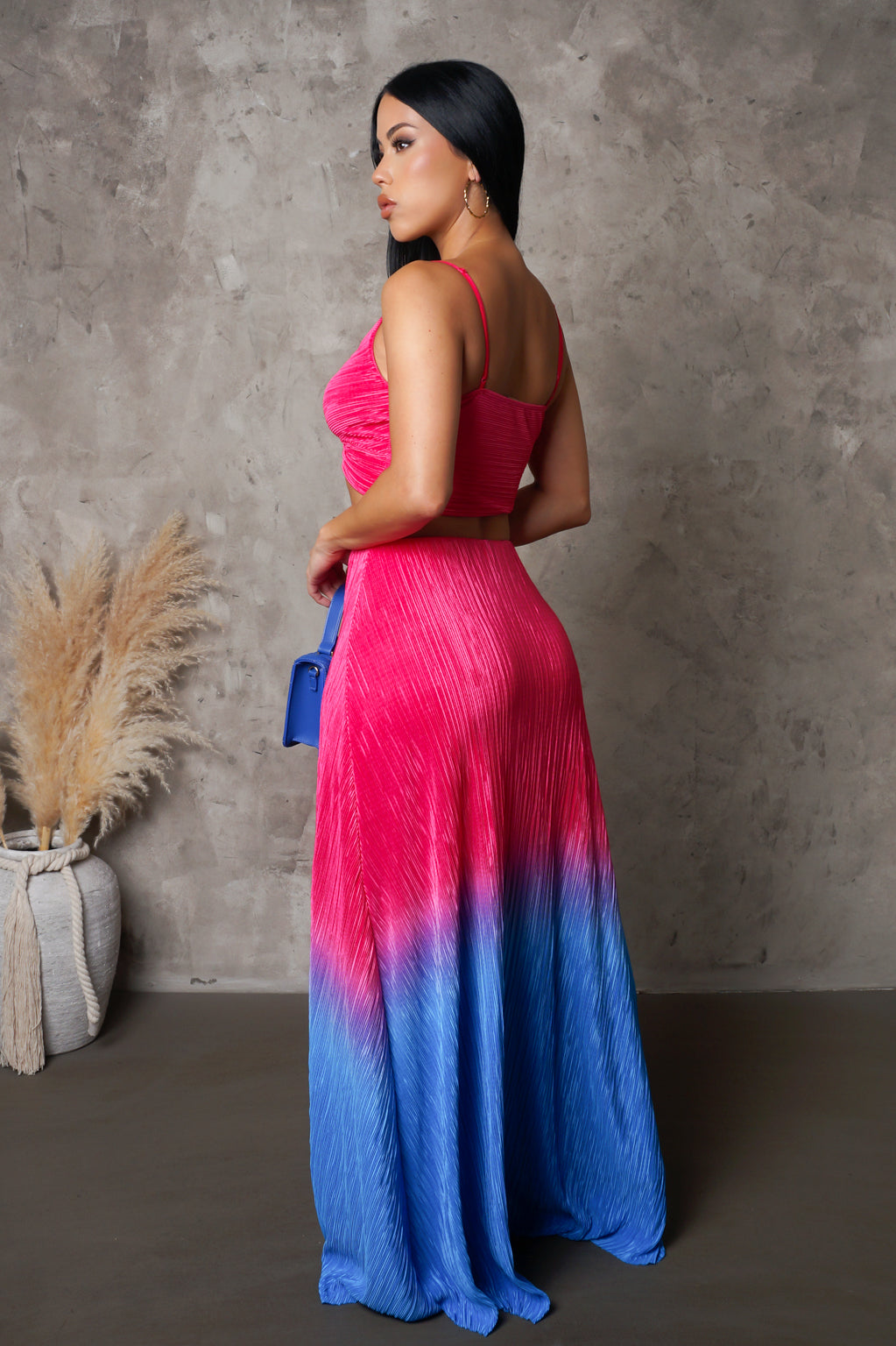 Pink & Blue Gradient Slit Maxi Skirt & Cropped Top Set