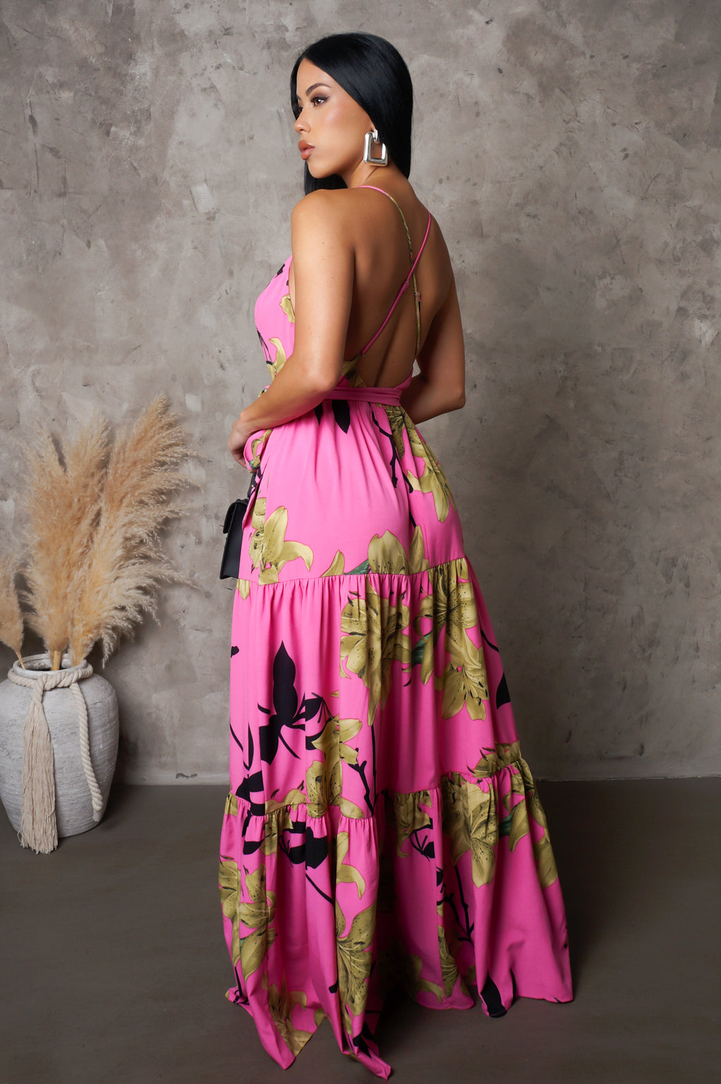 Pink Floral Slit Maxi Dress