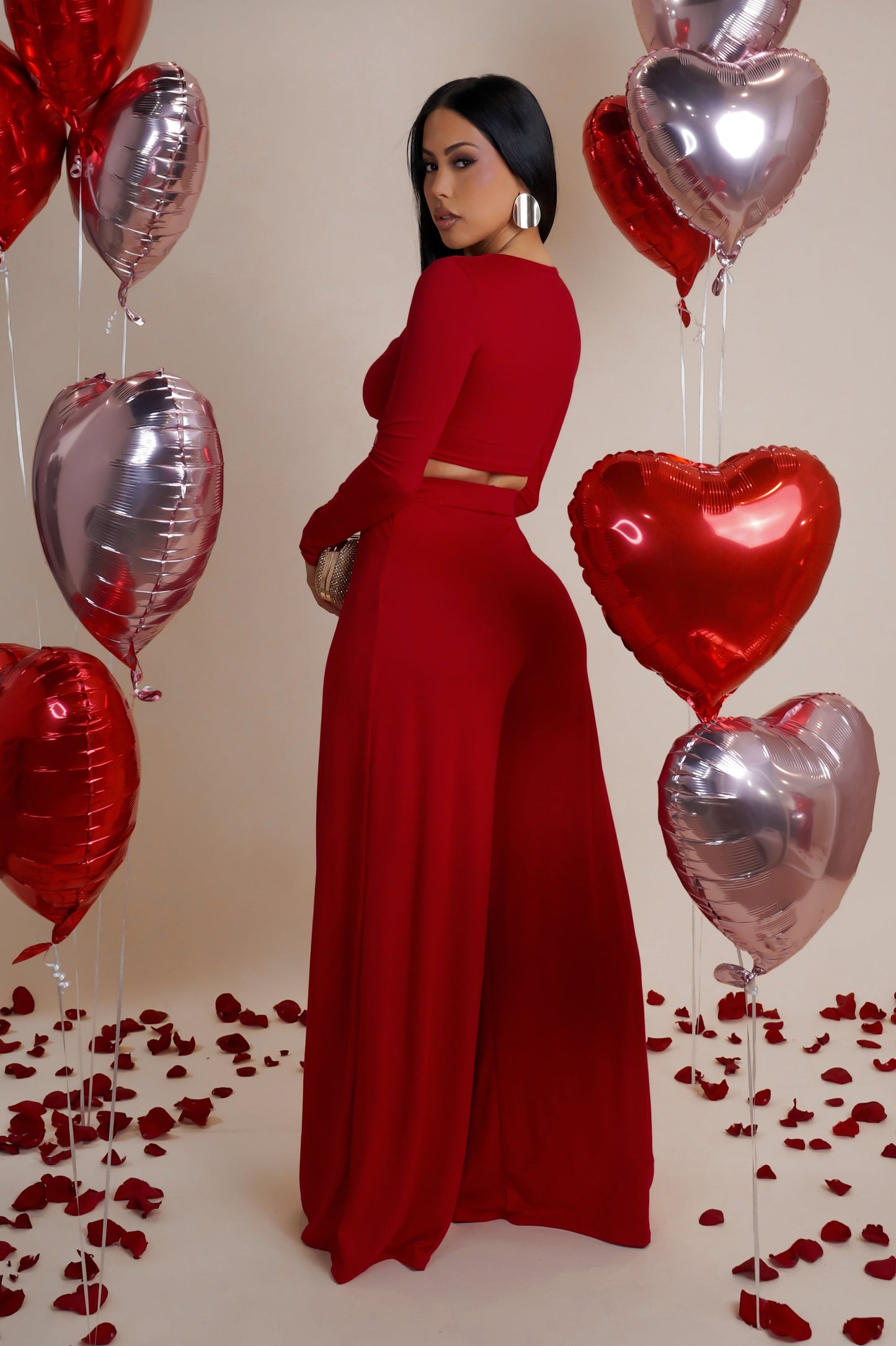 Red Wide Leg Pants & Long Sleeve Cropped Top