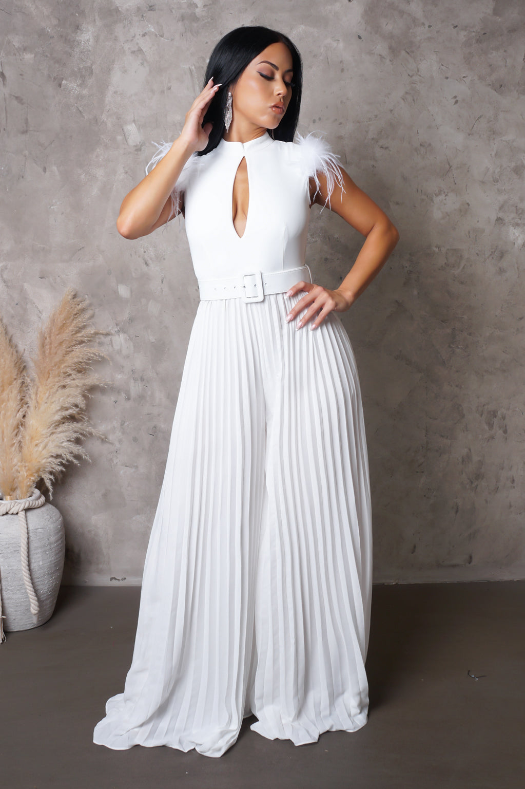 White Pleated Wide Leg Jumpsuit