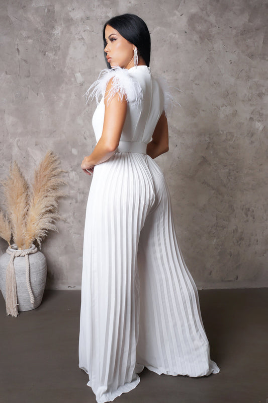 White Pleated Wide Leg Jumpsuit