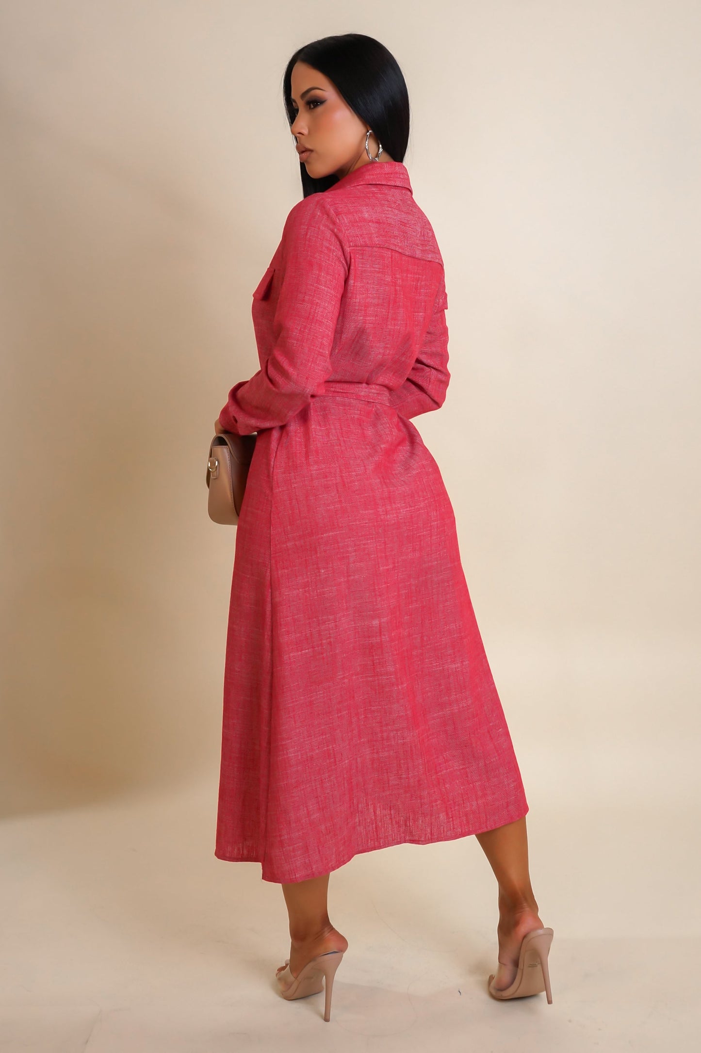 Linen Belted Long Sleeve Midi Dress- Red