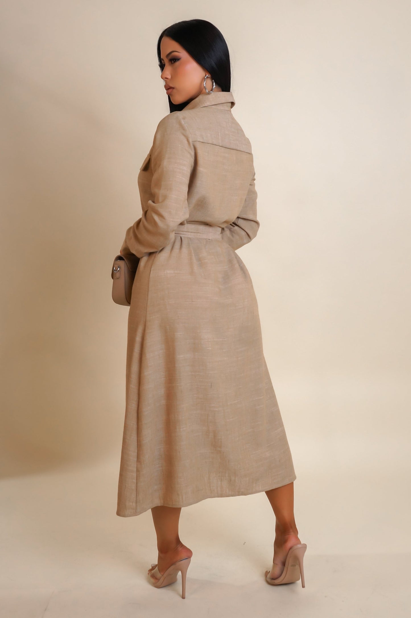 Linen Belted Long Sleeve Midi Dress-Taupe
