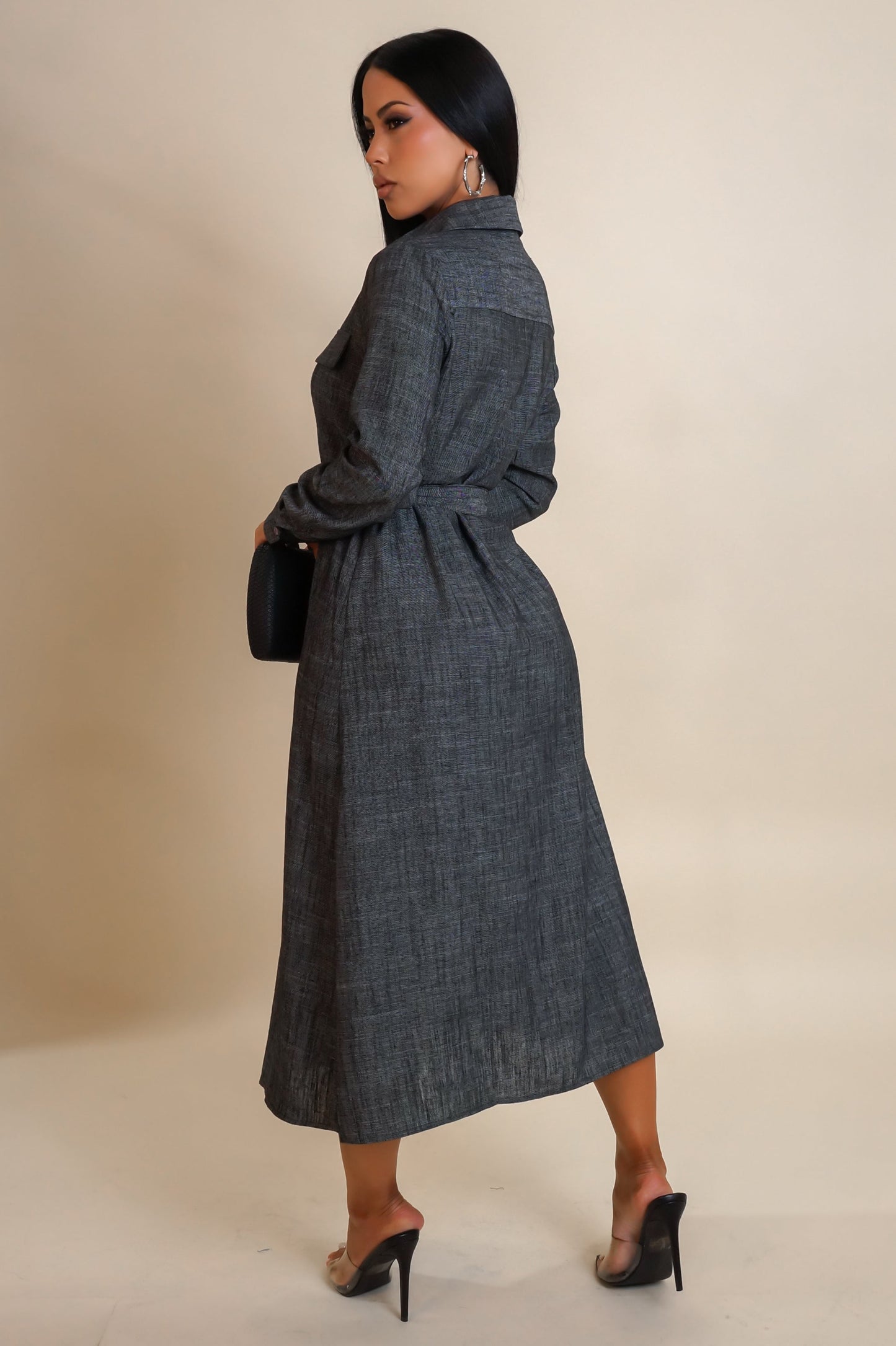 Linen Belted Long Sleeve Midi Dress- Black