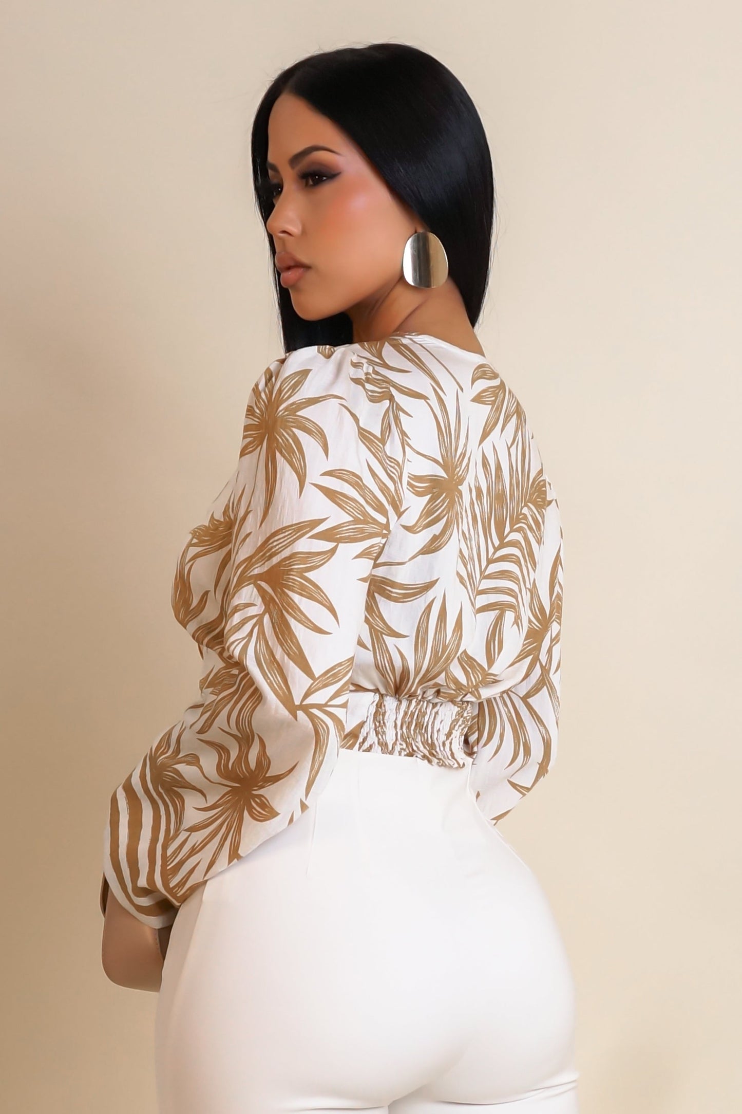 Brown Leaf Long Sleeve Cropped Top