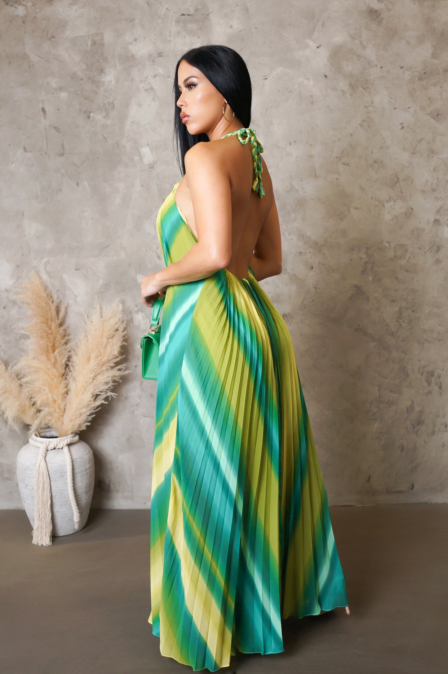 Multi Green Pleated Loose Maxi Dress
