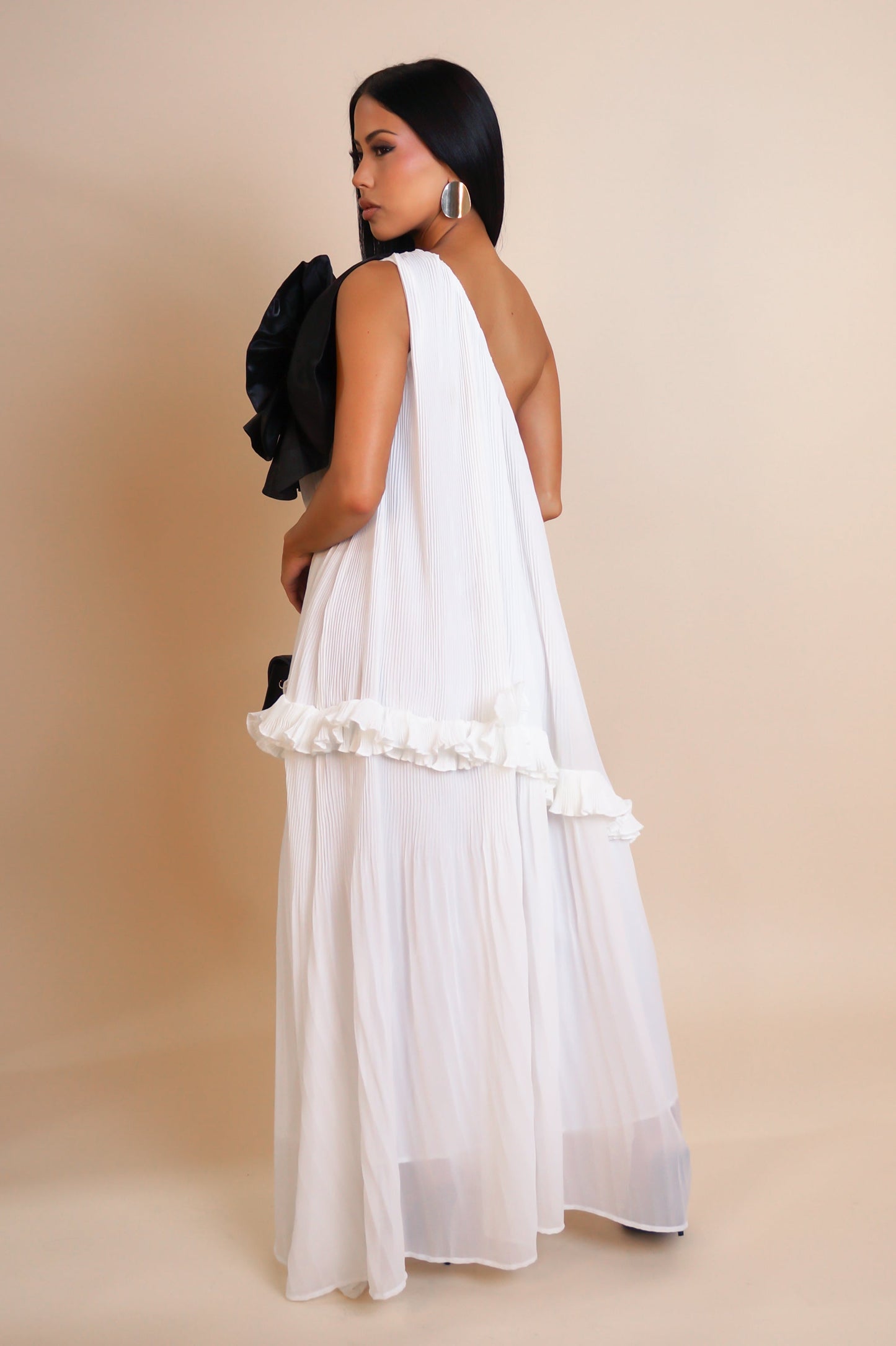 Black 3D Flower on White Maxi Dress