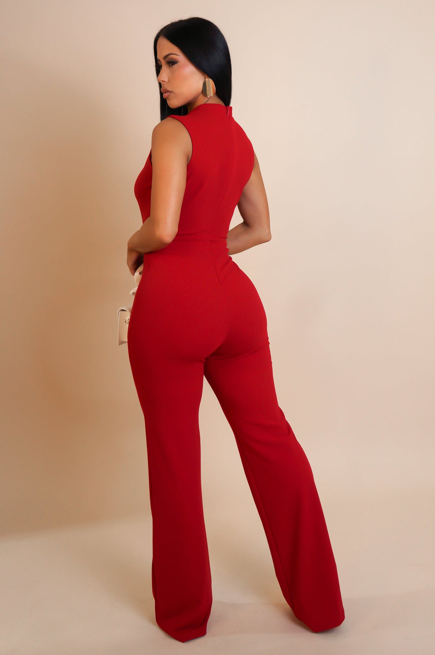 Contrast Flower Embroidered Jumpsuit- Red