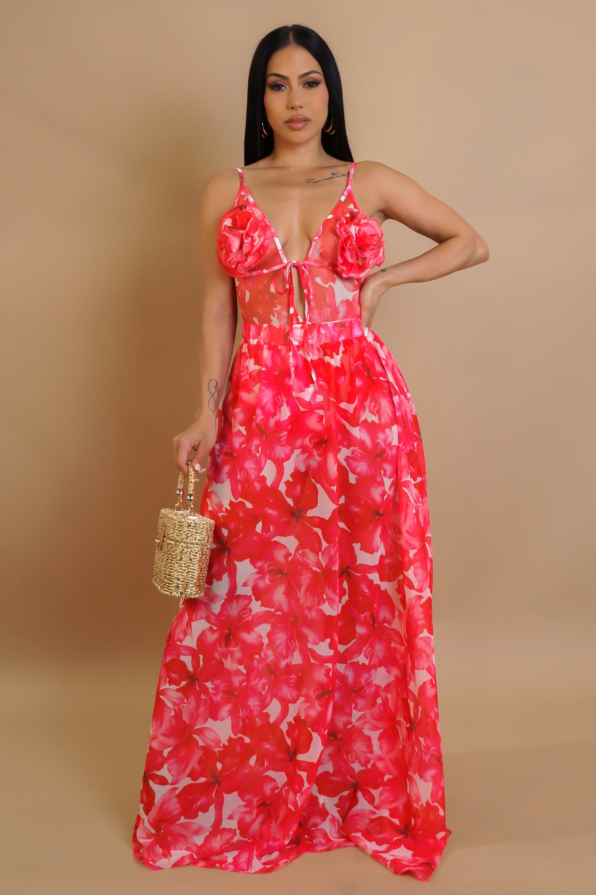 Valencia 3D Flower Bodysuit Top & Maxi Skirt Set