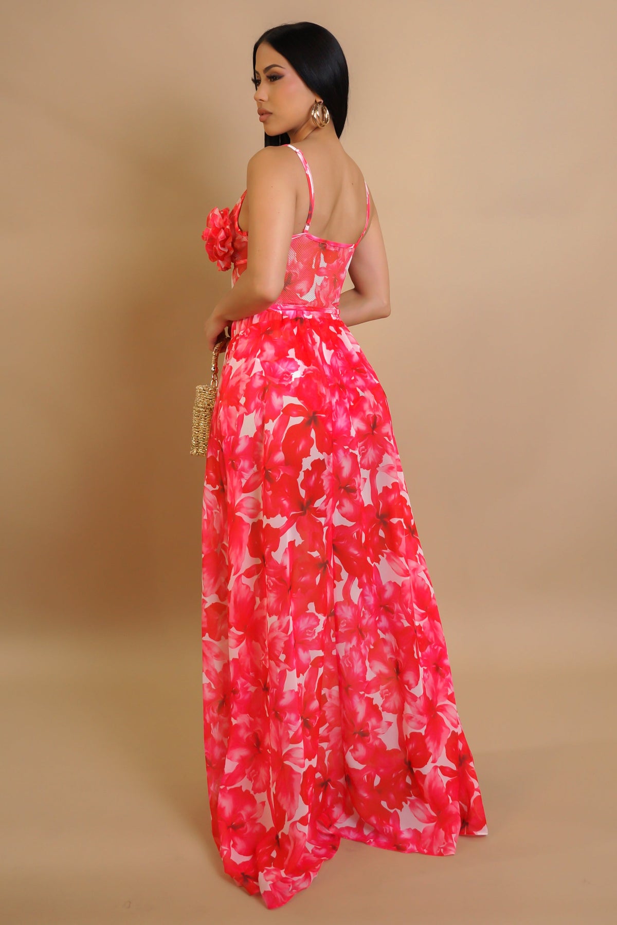 Valencia 3D Flower Bodysuit Top & Maxi Skirt Set