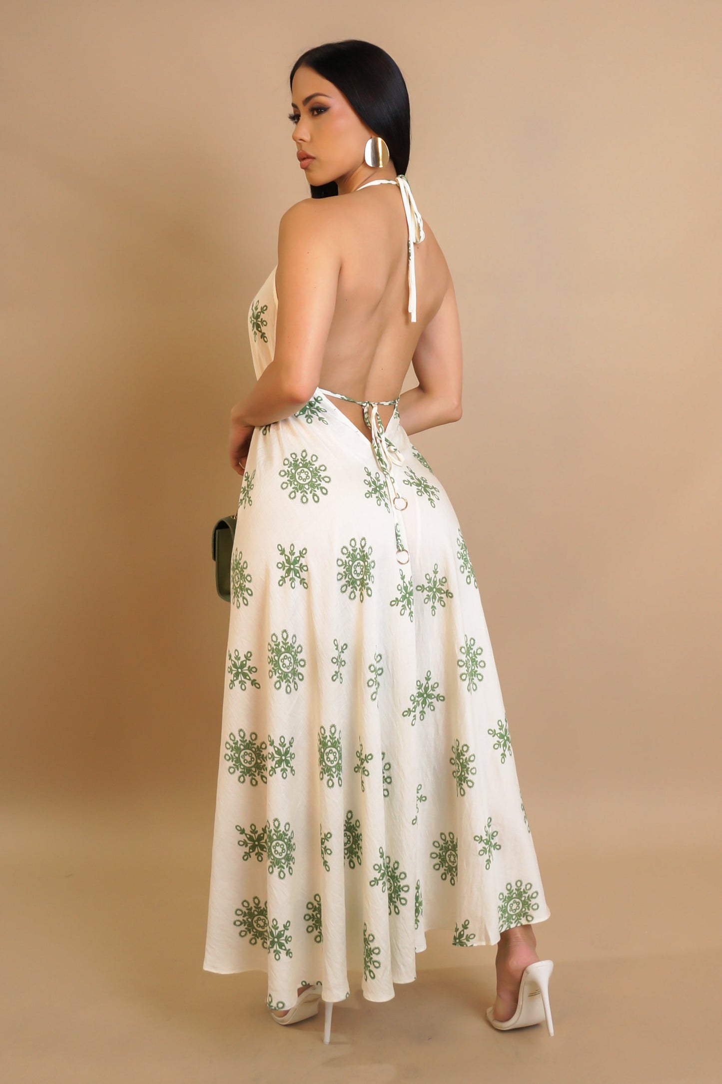 Ivory & Green Midi Halter Neck Open Back Dress