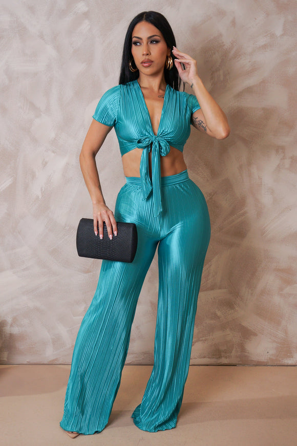 Turquoise Pleated Pants & Top Set