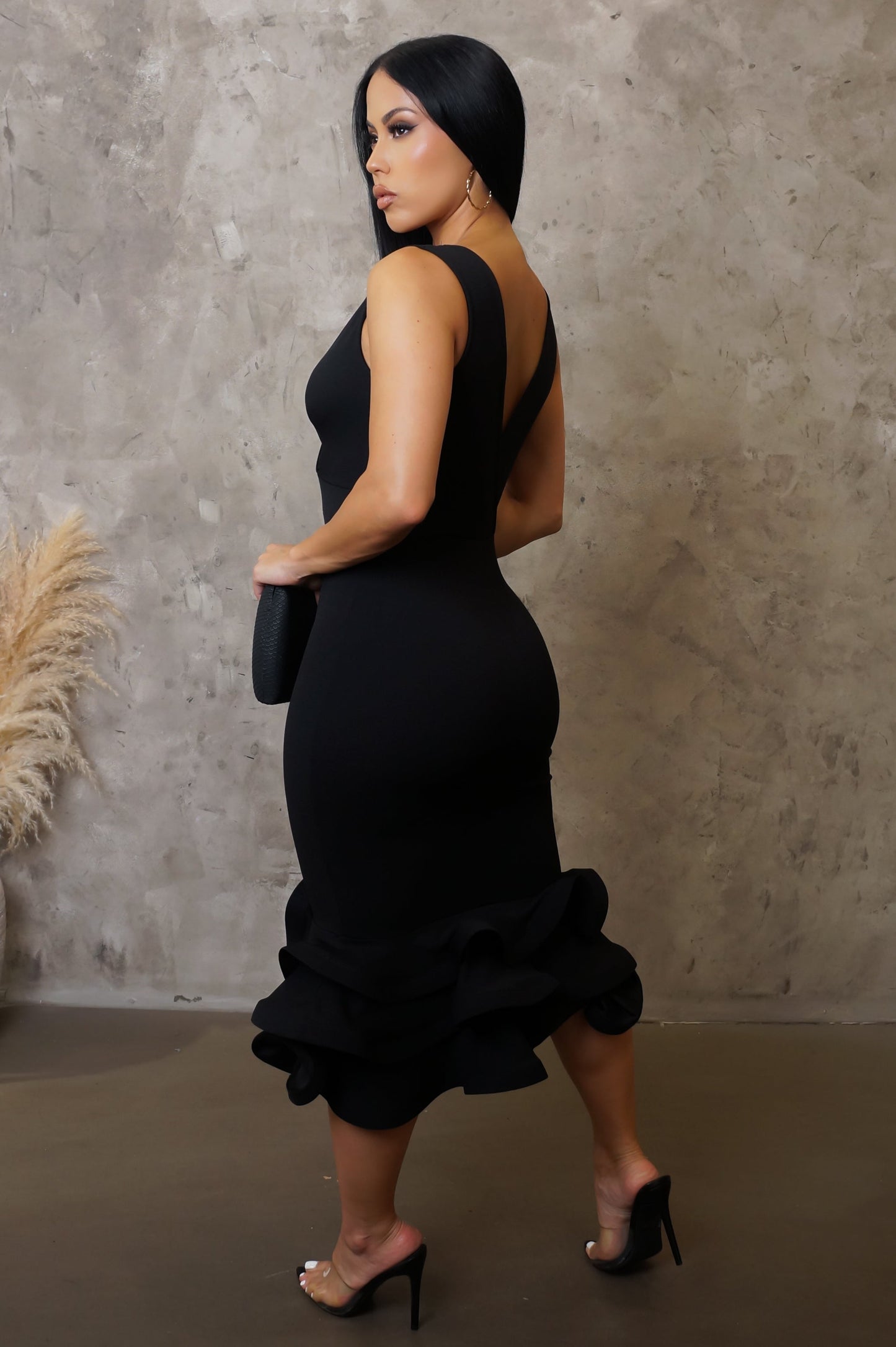 "Count on Me" Ruffled Bottom Black Midi Dress