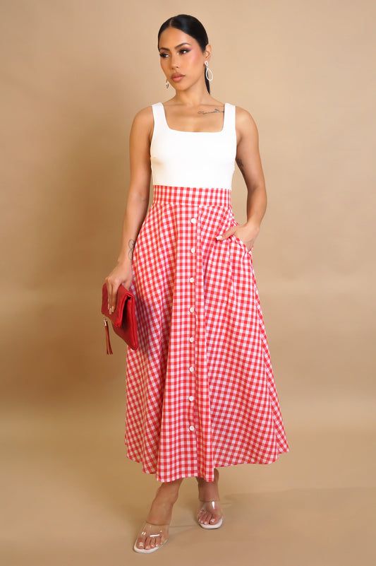 Vintage Look White & Plaid Flare Midi Dress- Red or Blue